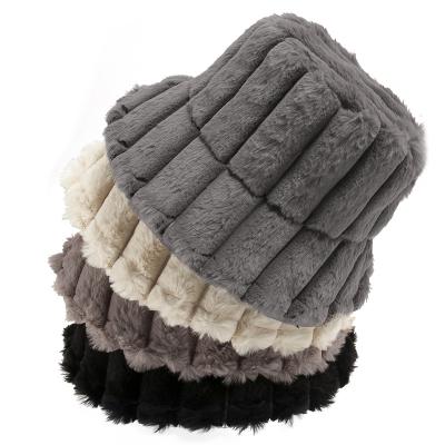 China Soft/Comfortable/Warm Autumn Winter Keep Warm Faux Fur Jacquard With Plaid Color Full Bucket Hat Beanie Hat Plain Stripe for sale