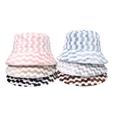 China Soft/Comfortable Autumn Winter Keep Warm Faux Fur Jacquard Weave Check With Plaid Full Color Bucket Hat Beanie Hat for sale