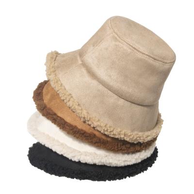 China Soft/comfy autumn winter keep warm faux fur suede with shpera fabric with plaid color full bucket hat beanie hat for sale