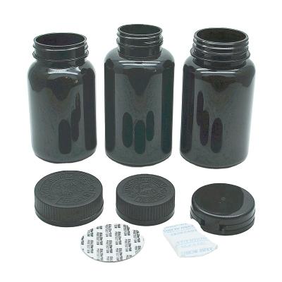 China Manufacturer 200ml Black PET Packaging Plastic Bottle With Desiccants Pharmaceutical / Food Grade With Child Resistant Cap for sale