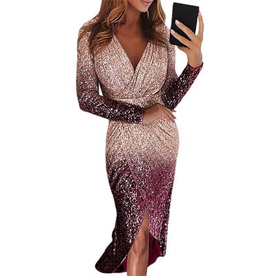 China 2021 Women New Fashion Sequined Ball Gown Party Dress Breathable Sexy V-Neck Hot Selling Element Dresses for sale