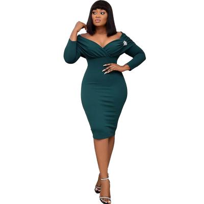 China Autumn African Women's Plus-Size V-Neck Anti-Static Pleated Long Sleeve Dress for sale