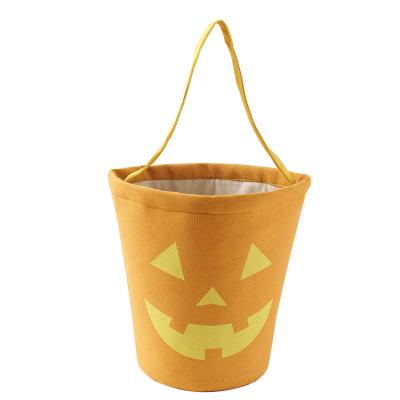 China Bucket Halloween Pumpkin Printed Canvas Bag With Handle Trick Or Treat Gift Bag For Candy for sale