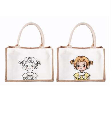 China Jute& Cotton DIY Handled Tote Bags Woven Reusable Kids To Handle Shopping Bag With Empty Cardboard Design for sale