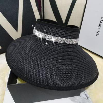 China Diamond-studded Striped Brim Straw Hat Fashion Large Beach Sun Protection Empty UV Straw Hat Sun Hat for sale