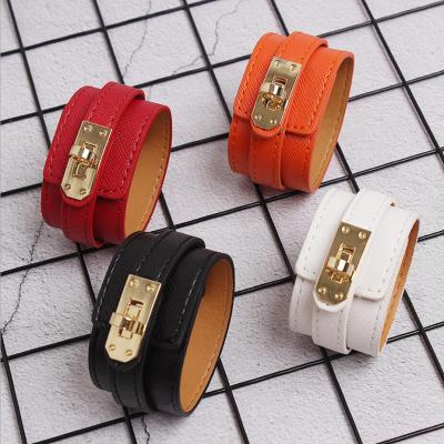 China CLASSIC wide double layer punk style lock fashion handmade real leather bracelet for sale