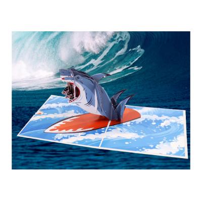 China Decor 3d Shark Surfing Pop Up Card Kid Gift With Message Card Greeting Cards for sale