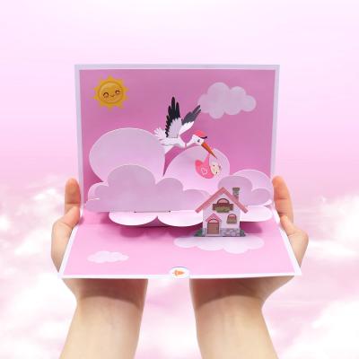 China Baby Baptism Invitations Cards Baby Stork Pop Paper Card for Girl's Birthday Party Greeting Cards for sale