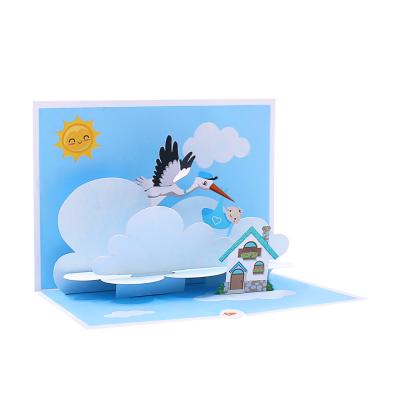 China Baby Boy Birthday Greeting Card Baby Baptism Invitations Cards Stork Birthday Greeting for Boy's Birthday Party 3d Pop Up Cards for sale