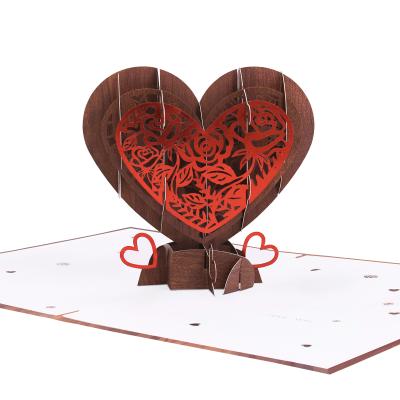 China Wedding Invitation Card Paper Wooden Heart Shape Handmade Greeting Card Valentine's Day Mother's Day Cards 3D Pop Up Paper Home Decor for sale