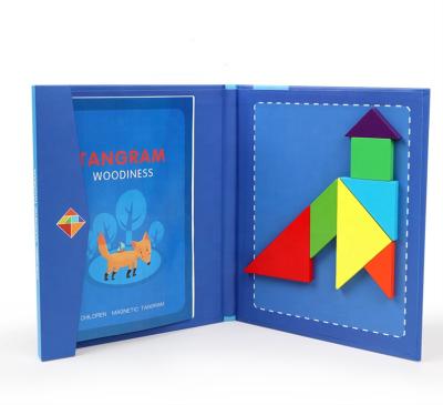 China Eco-friendly Pattern Material Wooden Tangram Puzzle Magnetic Shape Blocks Jigsaw Dissection Games With Solution for sale