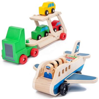 China Eco-friendly Wooden Model Wooden Car Transporter Truck Double Decker Bus Airplane Playset Toy For Kids for sale