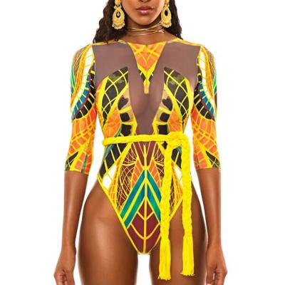 China 2021 New Breathable Mesh One Piece Swimsuit Beachwear Short Sleeve Women's Sexy Bright Printing Swimsuit for sale