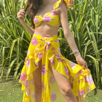 China 2021 New Arrival Breathable Fashion Yellow Floral Print Cover Up Ladies Skin Friendly Sarongs Beach Dress for sale