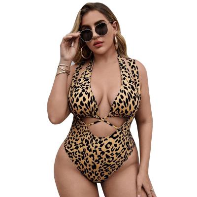 China Breathable Leopard Print Plus Size Women's 2 Piece Lace Up Bikini Swimwear Plus Size Off The Shoulder Cut Out Swimwear 4XL High Waist Swimsuit Tops for sale