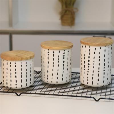 China European Food Container Food Grade Coffee Tea Sugar Canisters Jar Full Wrap Ceramic Decal Canister With Wooden Lid for sale