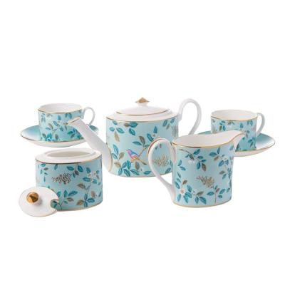 China Viable Fancy Drinkware Coffee Sets Blue Ceramic English Luxury Ceramic Tea Set With Gold Rim for sale