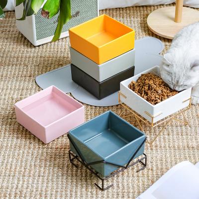 China Factory Sale Square Shape Dog Cat Food Bowl Non Slip Sustainable Pet Feeding Bowl Ceramic Pet Bowl With Iron Stand for sale