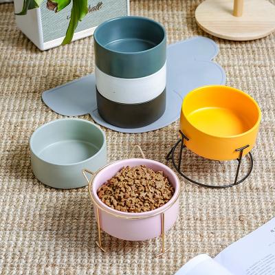 China Hot Sale Viable Matte Round High Convenient Pet Bowl Ceramic Cat Bowl Pet Bowls With Iron Stand for sale