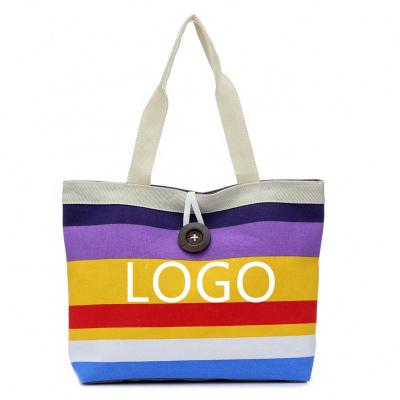 China Custom Logo Travel Colorful Stripe Handled Handbag Logo Canvas Cotton Tote Bag for sale