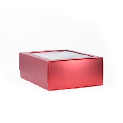 China Recycled materials paper material and cardboard paper type apprarel gold red gift box with a pvc window for sale