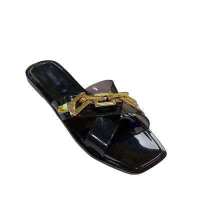 China Latest Design Summer Crystal Anti-odor Slides With Gold Chain Sandals For Women Outdoor Slippers for sale