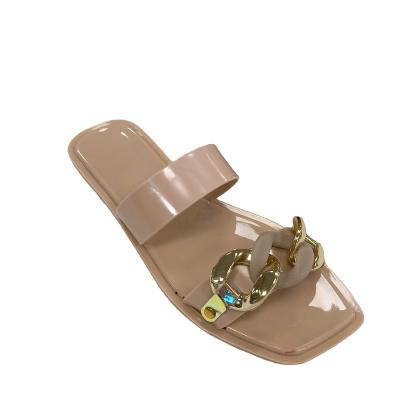 China Anti-odor PVC Latest Design Crystal Women's Sandals Transparent Jelly Slides With Gold Chain Plain Slippers For Ladies for sale