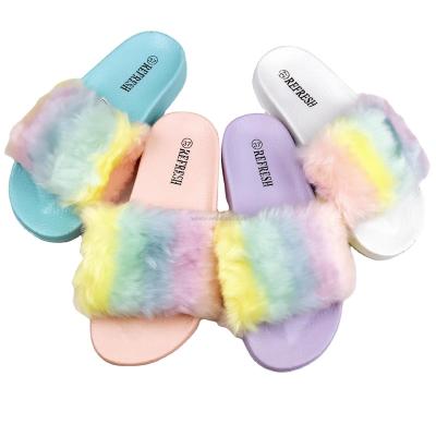 China Rainbow color fluffy furry flat ladies slippers wholesale women's fur fashion trend fashion sandals for sale