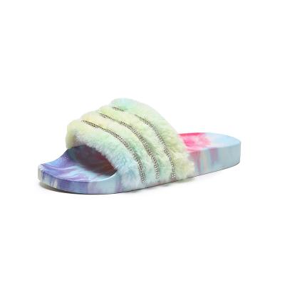 China Fashion Trend High Quality Faux Stone Fur Slide Flat Sandals And Slippers For Women for sale