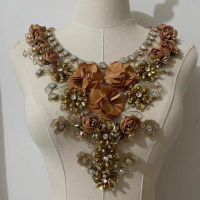 China 3D New arrival rhinestone bead pearl flower lace patch flower neckline applique for sale