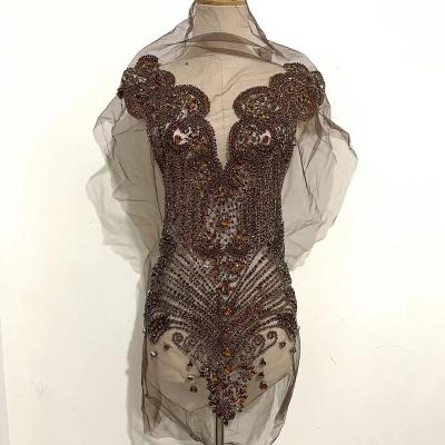 China Flatback luxury coffee brown rhinestone bodice applique for dress for sale