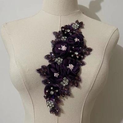 China 3D Gorgeous rhinestone embellishment flower patch 3d beaded lace applique for sale