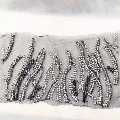 China 3D New Crystal Beaded Rhinestone Mesh Lace patch Beading Bridal Sash applique for sale