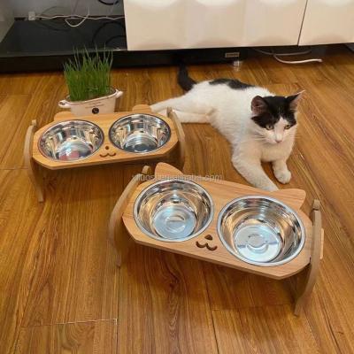 China Durable Durable Wholesale Anti Slip Stainless Steel Pet Bowl Adjustable Pet Bamboo Feeder for sale