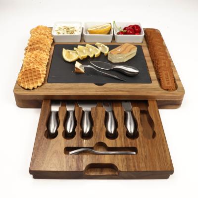 China Disposable Bamboo Cheese Board Charcuterie Tray With Slide-out Wooden Serving Cutlery Set Tray for sale