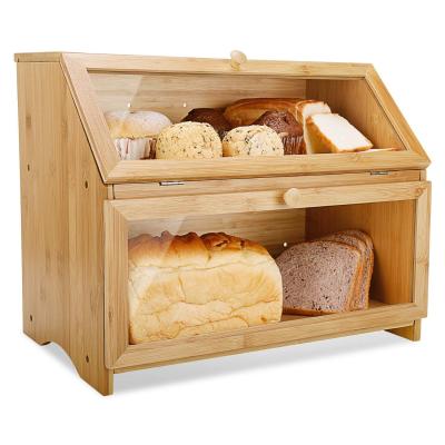 China Sustainable Large Double Layer Bread Box For Kitchen Countertop Capacity Wooden Storage Bin for sale