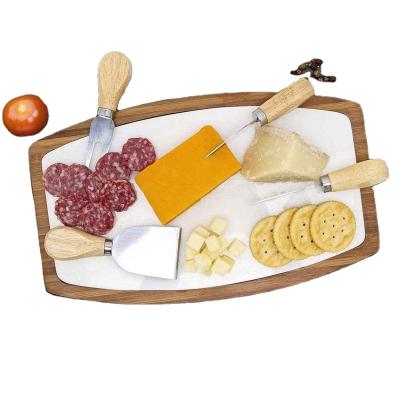 China 2021Hiros Wooden Serving and Sustainable Marble Slate Tray Cutting Board with Cheese Knife Set Slicer Cutter for sale