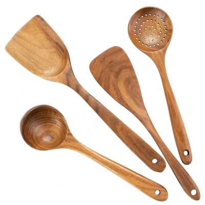 China Sustainable Organic Teak Wood Kitchen Utensil With Wooden Spatula Spoons For Cooking for sale