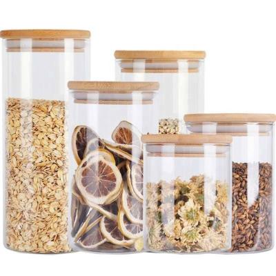 China High Cover Borosilicate Glass Jars With Lids Bamboo Kitchen Containers Airtight Food Storage Set Of 5 for sale