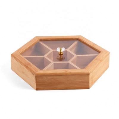 China Nature Hexagonal Wooden Storage Eco Friendly Bamboo Dried Fruit Box With Lid Tray Food Tray for sale