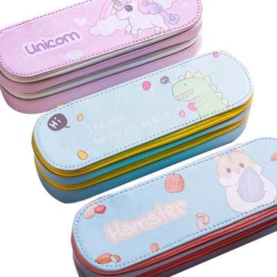 China Schools & Offices Wholesale Cute PU Polyester Double Layer Zipper Girl Pink Kids Pencil Case For School for sale