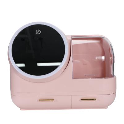 China Bedroom Makeup Organizer With Wind And 3 Colors Dustproof Detachable LED Mirror Cosmetic Storage With Drawers for sale