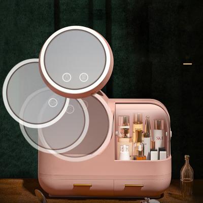 China Bedroom Makeup Organizer With Wind And 3 Colors Dustproof Detachable LED Mirror Cosmetic Storage With Drawers for sale