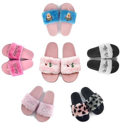 China Factory New Light Weight Greatshoe Custom Faux Fur Pink Fox Slides Fashion Female Fur Sandals for sale