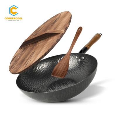 China Durable Carbon Steel Nitriding Cookercool Amazon Non-Stick Wooden Wok Pan Set for sale