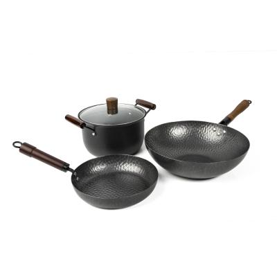 China Cookercool Sustainable Cheap Price Carbon Steel Healthy Wok And Pots And Filters Nonstick 3PCS Cookware Set for sale