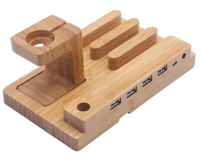 China PORTABLE 4 Port Wooden Charging Dock Station Holder Charger Stand Bracket Docking Holder Bamboo Charger For Mobile Phone for sale