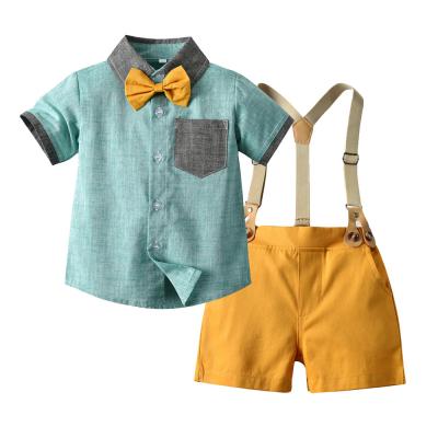 China 2022 New Summer Polyester/Rabbit Children's Suit Boys Lapel Cotton Wing Stitching Short Sleeve Shirt Shorts Straps Gentleman's Two-Piece Clothing for sale