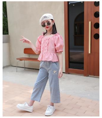 China Polyester/cotton girls summer suits 2021 new children's popular summer Korean jeans suits girls clothing set for sale