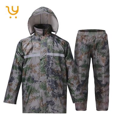 China Bachelorette Waterproof Camouflage Rainwear Rainsuit Hooded Rain Jacket Pants Suit With PU Polyester Coating Raincoat for sale